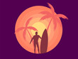 Silhouette of a surfer with a surfboard against a background of sunset with palm trees. Romantic sunset with a silhouette of two palm trees and a surfer. Vector illustration