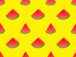 3D watermelon slices with seeds seamless pattern. Isometric watermelon slices on a yellow background. Design for posters, wallpaper, print promotional items. Vector illustration