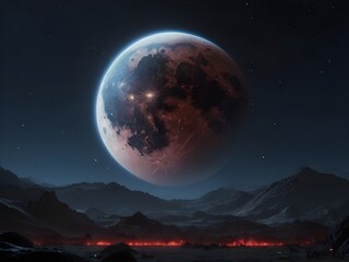 Wall Mural - super blue moon and desert mountains on fire at night