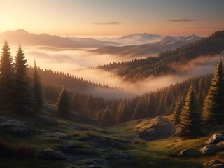 Wall Mural - Sunrise in the mountains, trees and clouds