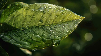 Dew on green leaf. Generative AI