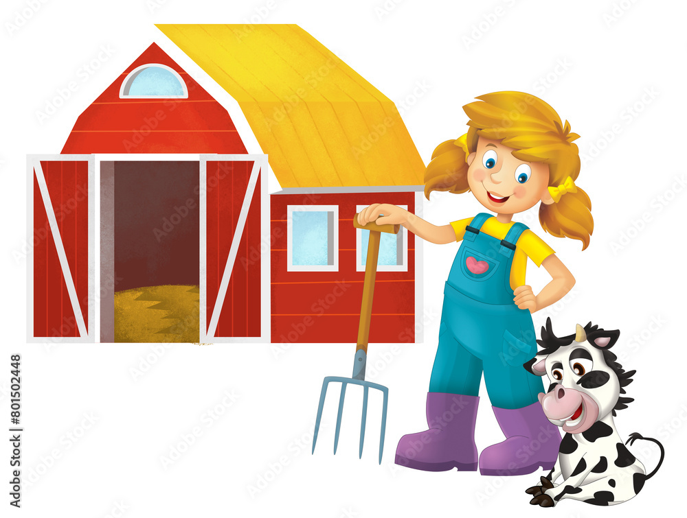 cartoon scene with farmer girl standing with pitchfork and farm animal ...