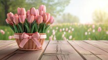 A Wicker Basket Full Of Pink Tulips On A Wooden Table, Spring Outdoor Background. Mother's Day Horizontal Greeting Card Template With Copy Space.