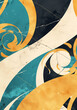 © MDNANNU - Abstract background with mustard yellow marble and teal veins, embellished with vintage typographic elements