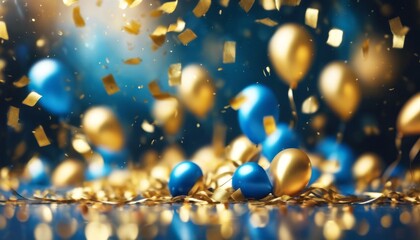 Wall Mural - 'confetti golden realistic lights. background blurry bokeh festive blue falling balloons generative 