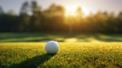 Golf ball on green grass with sun flare and bokeh background