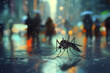 Close up photo of a dengue mosquitoe sitting on the wet road with the cityscape blurred background with buildings, people and lights