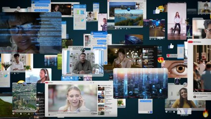 Animated Background with Virtual Social Media Reality Interconnected by Internet Into Worldwide Web. Internet of Things Concept. Videos, Avatars, Emoji, Profiles. Metaverse. Loopable.