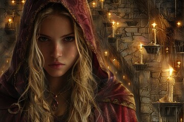 Canvas Print - A woman with long blond hair and a red hooded cloak stands in a room with stone walls and lit candles, looking at the camera.