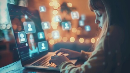 Poster - A woman sitting at a table, focused on her laptop computer screen.