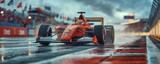 Orange modern race car on a rainy circuit