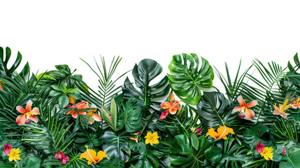 Wall Mural - Wall of tropical leaves and interspersed bright flowers, isolated on transparent background