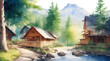 Wooden houses in the mountains near a rapid mountain stream