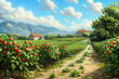 Bushes of red tomatoes in a farm field in the south in a mountainous area and farm houses in the distance