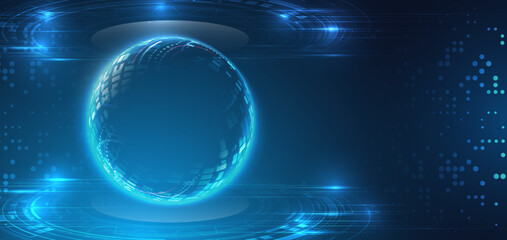 Abstract global sci fi concept. Digital internet communication on blue background. Wide Cyber security internet and networking concept. Hi-tech vector illustration with various technology elements.