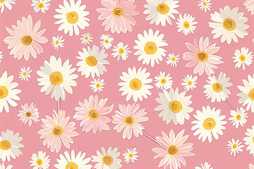 Wall Mural - pink background with white and yellow daisies pattern, cute retro pink wallpaper