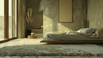 Wall Mural - A minimalist bedroom with a focus on texture, featuring a plush area rug and textured wallpaper.