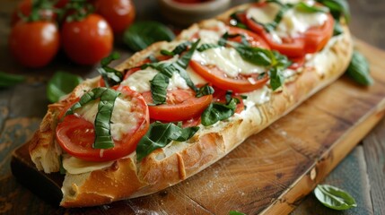 Wall Mural - rustic ciabatta with fresh tomato basil and mozzarella topping appetizing food photography