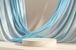 © bramthestocker - 3D display podium, with blue color cloth curtain.