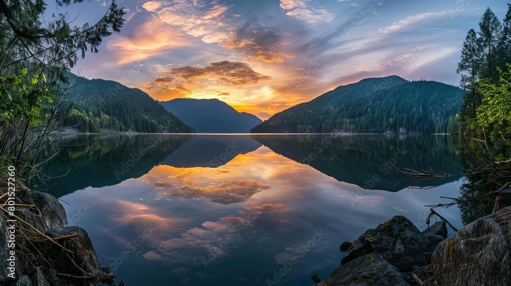 serene lake reflecting stunning mountain landscape at golden hour ...
