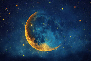 large yellow and blue moon is surrounded by stars in the night sky. the moon is the main focus of th