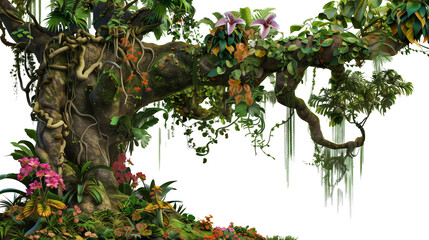 A lush jungle scene featuring a large, ancient tree with hanging vines and a variety of tropical flowers, isolated on transparent background