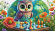 oil painting style CARTOON CHARACTER CUTE baby owl in game of chess 