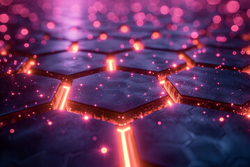 Background of a purple and orange with lots of small hexagons, they are highlighted and seem to glow. The scene is full of excitement and energy
