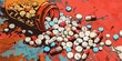 Pills pouring out of an open container, scattered on a surface