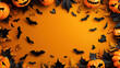 Happy Halloween. Party invitation banner or background with pumpkins and bats on an orange background, space for text, top view.