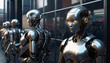 female futuristic metal guard robot Closeup.