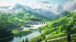 sustainable hydroelectric dam in lush valley renewable energy flood prevention ecological balance digital concept illustration