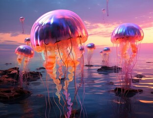 Poster - Vibrant Jellyfish Sunset Seascape