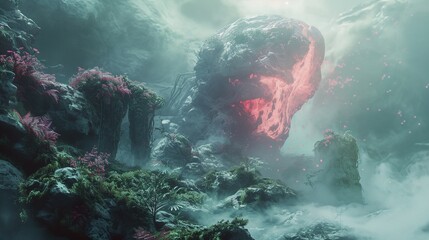 Canvas Print - a large rock formation surrounded by plants and rocks in a foggy area with a red light coming from the top..