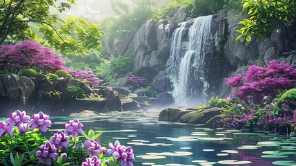 Wall Mural - tranquil japanese garden with waterfall and purple flowers peaceful nature landscape digital illustration