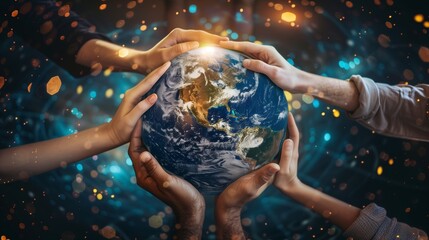 Multiracial hands united around a globe, symbolizing global togetherness, care for the earth, and the importance of sustainable living and diverse connections.