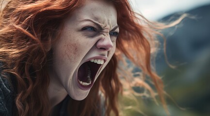 Wall Mural - Angry woman with red hair screaming in the wind