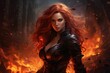 Fierce warrior woman with fiery red hair and armor