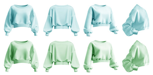 Wall Mural - 2 Set of pastel green turquoise blue woman cropped oversized Drop Shoulder sweatshirt jumper sweater long sleeve, front back side on transparent cutout, PNG file. Mockup template for artwork design