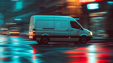 Wall Mural - a van driving down a city street at night time