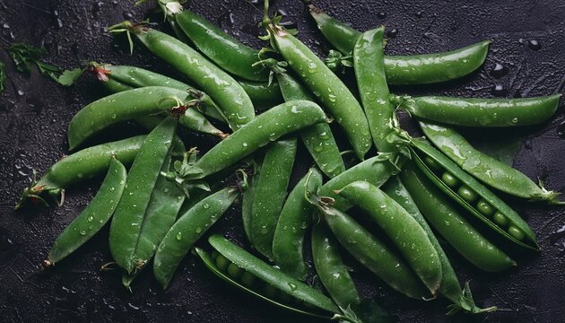 green peas in pods on a dark background, top view. Proper nutrition and healthy vegetables and vitamins.
