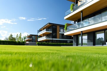 Wall Mural - a building with balconies in a green field of grass