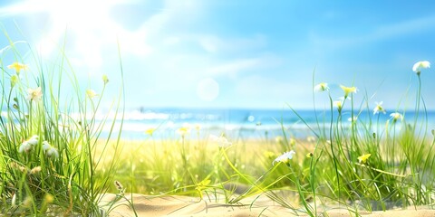 Wall Mural - a sunny day at the beach with some flowers in the grass and a blue sky in the background with a few clouds