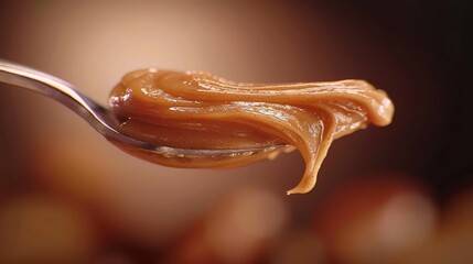 Wall Mural -   A tight shot of a spoon smeared with peanut butter against a softly blurred backdrop of the same
