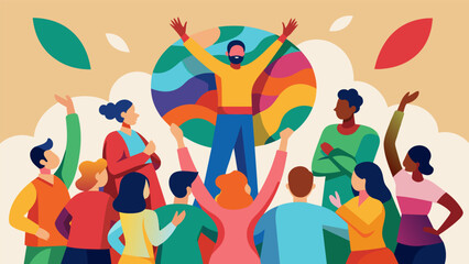 Wall Mural - A large crowd cheers as a vibrant multicolored sculpture is revealed featuring figures of diverse backgrounds holding hands in a circle symbolizing. Vector illustration
