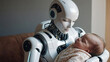 © Olena Yefremkina - A robot nanny, an android with artificial intelligence, carefully holds a baby in her arms, the concept of social issues related to AI.