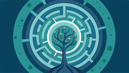 Wall Mural - A tree with branches forming a circular labyrinth symbolizing the journey towards healing and selfdiscovery through ketamine treatment..