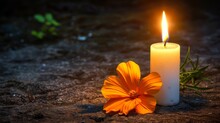   A White Candle And An Orange Flower, Situated Next To Each Other On Dirt Ground A Green Plant Stands In The Background