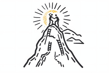 logo design, line art of an individual helping another person reach the top of their mountain with sunlight shining down on them from behind simple lines and shapes on a white background Generative AI