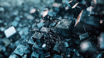 Close-up of metal blocks with particles falling from the surface and gathering into a single chain. Business, protection concept.